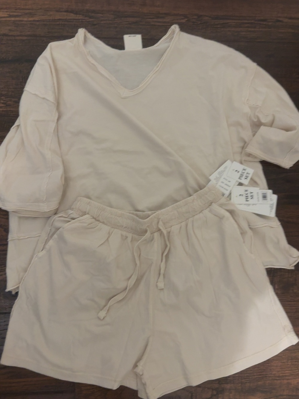 Women's Cream Lounge Set - Soft V-Neck Top & Drawstring Shorts